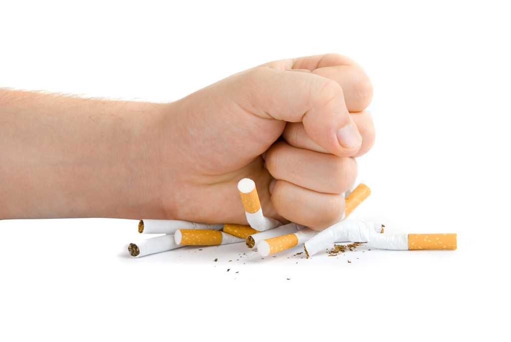 male fist with many cigarettes isolated on white